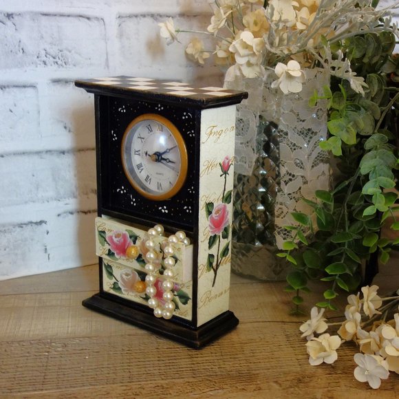 Hand Painted Checks Clock Black White Checkered Frame Clock with Pink Rose Decor - Picture 4 of 10